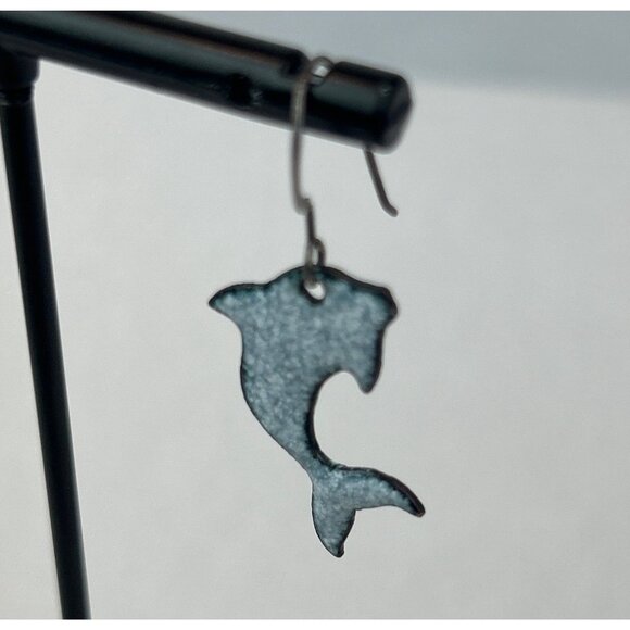 Dolphin Dangle Earrings Lightweight Enamel Metal Ocean Nautical - Picture 2 of 6